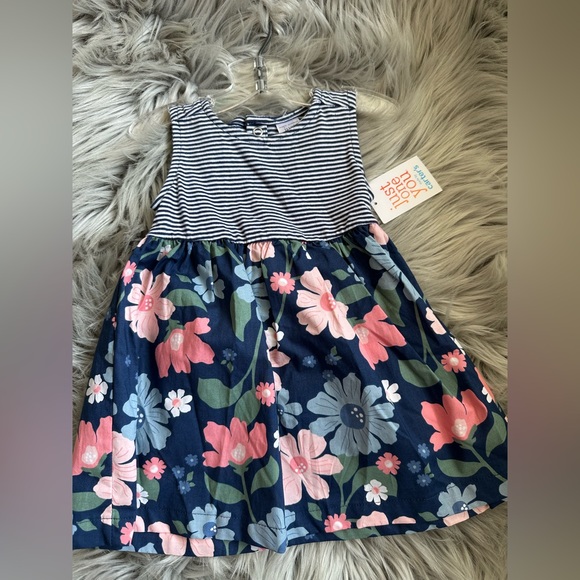 Navy Floral and Striped Kids Dress - Picture 1 of 1
